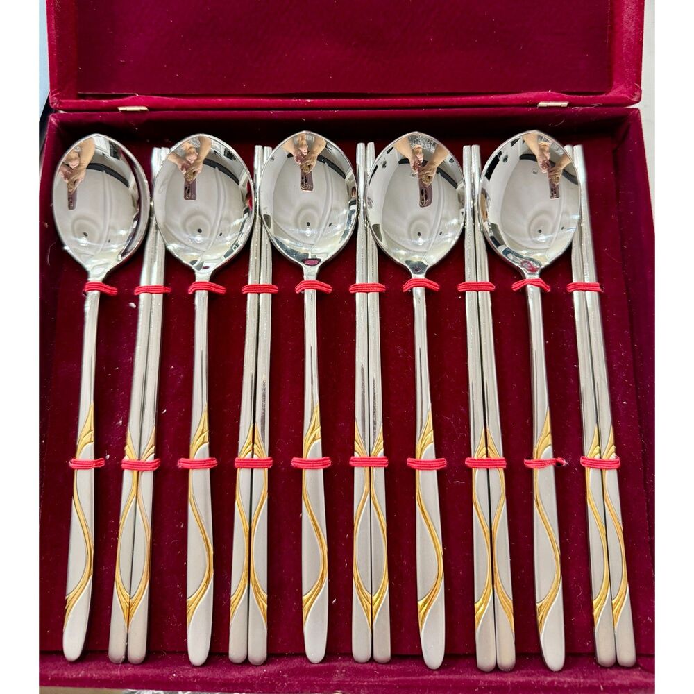 Vintage Kisense Korea 5 Person Spoon Chopstick Set Gold Accent Stainless Boxed